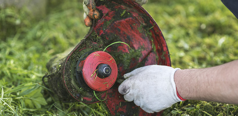 Checking a string trimmer while working on the lawn.